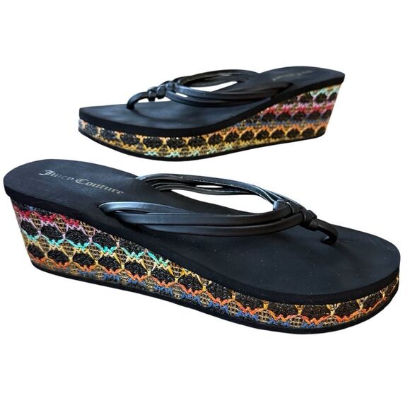 Juicy Couture Platform Black and Colorful Wedge Flip Flop Thong Sandals Size 9 - Picture 1 of 10
